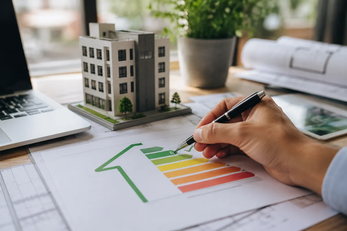 Décret tertiaire 2030 : ce que vous devez vraiment savoir avant l'échéance Technicien inspectant un compteur électrique numérique dans le local technique d'un bâtiment tertiaire