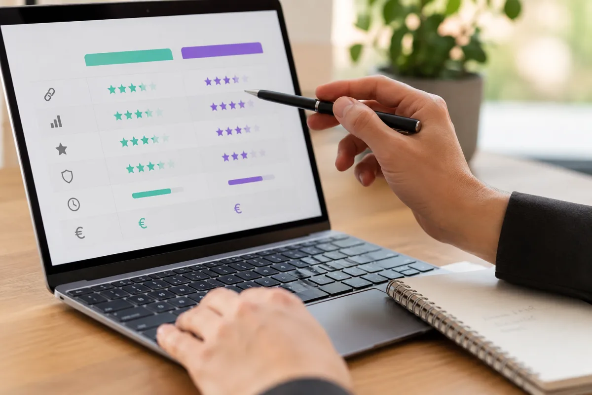 Gros plan sur une interface de commande de liens sponsoris&eacute;s affichant prix et m&eacute;triques de domaine